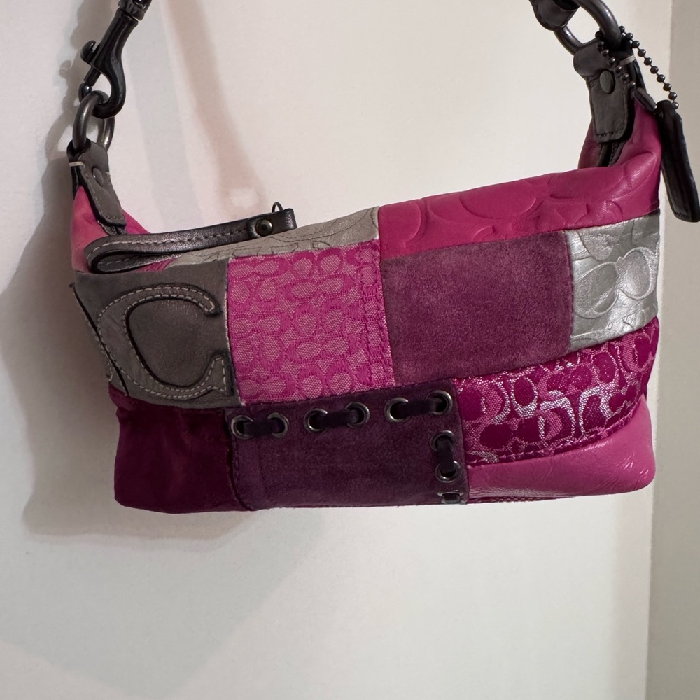 Coach Patchwork Leather Shoulder Bag - Pink & Silver